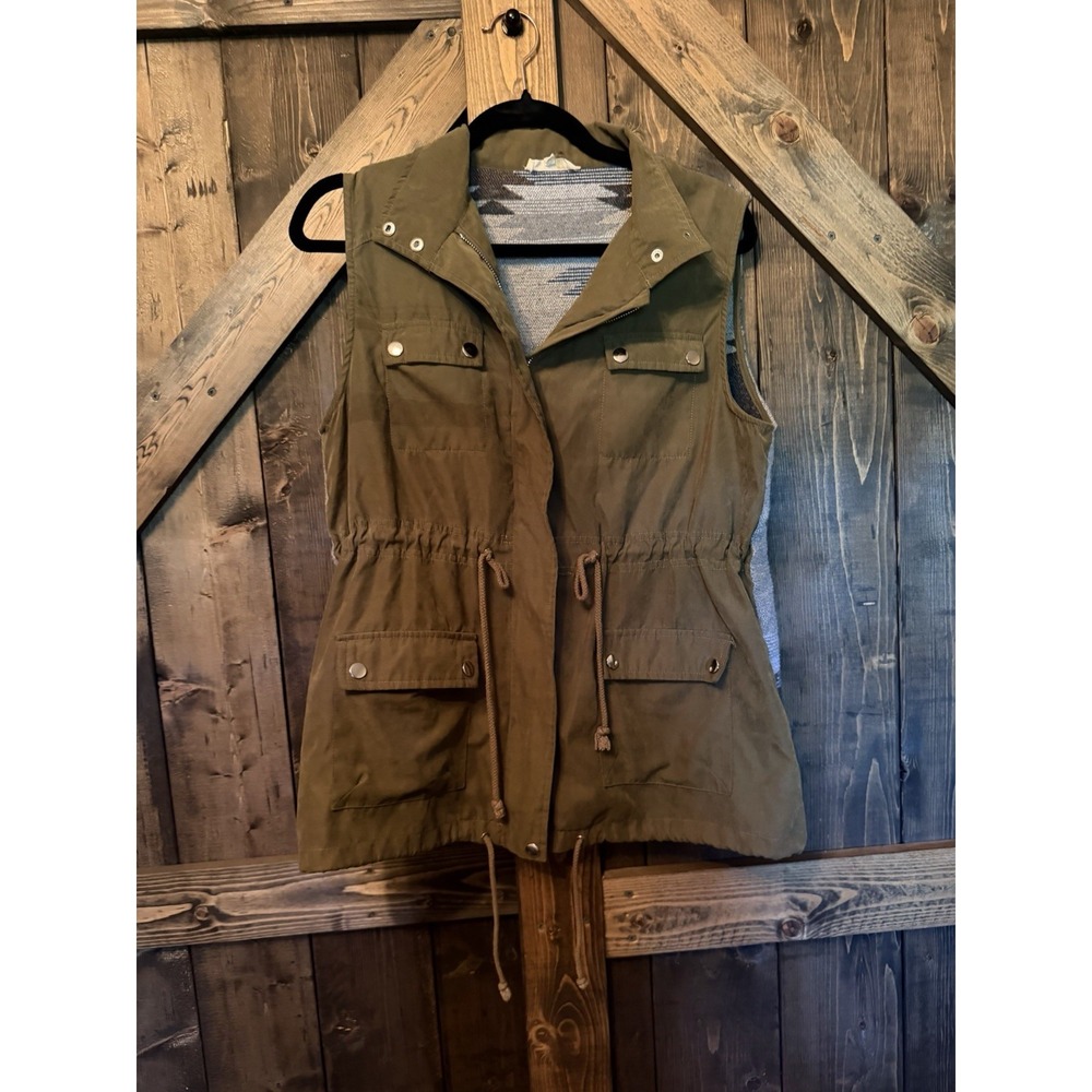 Entro Women's M Utility Vest Southwestern Woven Boho Western Olive Cargo